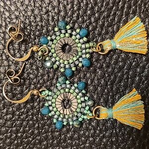 Handcrafted Beaded Earrings with Tassel, Teal And Orange